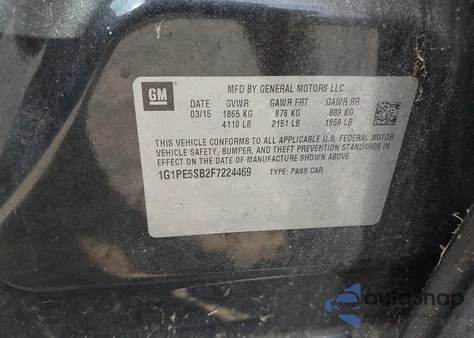 2015 Chevrolet Cruze 2Lt Auto из США, поврежденный, VIN 1G1PE5SB2F7224469